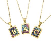 Stainless Steel Jewelry Necklace with Abalone Shell Square gold color plated with letter pattern Length Approx 18 Inch Sold By PC