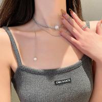 Zinc Alloy Jewelry Necklace Stainless Steel with Plastic Pearl plated Double Layer & fashion jewelry & for woman silver color 240mm Length 14.5 Inch Sold By PC