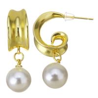 Brass Drop Earring, with Plastic Pearl, stainless steel post pin, gold color plated, 32mm,10x13mm, Sold By Pair