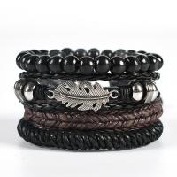 Wrap Bracelet PU Leather with Waxed Cotton Cord & Wood & Zinc Alloy & for man & multi-strand Length 17-18 cm Sold By PC