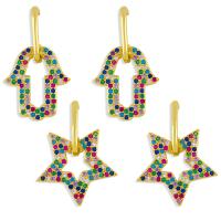 Boucles d'oreilles pendantes en laiton, 18K platine plaqué & avec zircone cubique, couleurs mélangées, 31x18mm, Vendu par paire