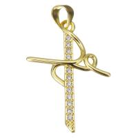 Cubic Zirconia Micro Pave Brass Pendant, Cross, gold color plated, micro pave cubic zirconia, 18x27x2.5mm, Hole:Approx 3.5mm, Sold By PC