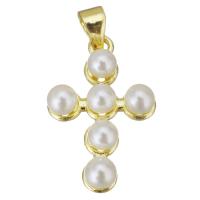 Brass Cross Pendants with Plastic Pearl gold color plated Approx 3.5mm Sold By PC