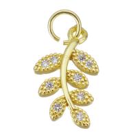 Cubic Zirconia Micro Pave Brass Pendant, Leaf, gold color plated, micro pave cubic zirconia, 10x16x2mm, Hole:Approx 3.5mm, Sold By PC