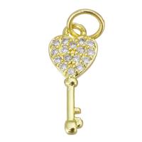 Cubic Zirconia Micro Pave Brass Pendant, Key, gold color plated, micro pave cubic zirconia, 6.5x15x1.5mm, Hole:Approx 3mm, Sold By PC