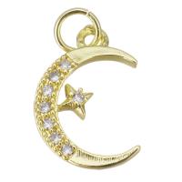 Cubic Zirconia Micro Pave Brass Pendant, Moon and Star, gold color plated, micro pave cubic zirconia, 11x16x2mm, Hole:Approx 3.5mm, Sold By PC