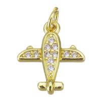 Cubic Zirconia Micro Pave Brass Pendant, Airplane, gold color plated, micro pave cubic zirconia, 11x12.5x3mm, Hole:Approx 2.5mm, Sold By PC