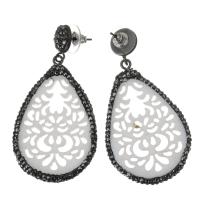 Rhinestone Clay Pave Drop Earring with White Shell Teardrop gold color plated for woman white 57mm Sold By PC