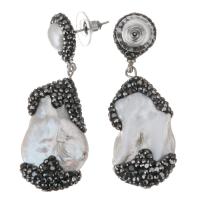 Rhinestone Clay Pave Drop Earring, with pearl, for woman, Jet, 54mm,19x38mm, Sold By Pair