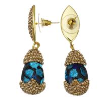 Rhinestone Earring, Rhinestone Clay Pave, with Lampwork, gold color plated, for woman, blue, 49mm,13x27mm, Sold By Pair