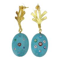 Turquoise Earring, Tibetan Style, with turquoise, gold color plated, for woman, blue, 55mm,18x30mm, Sold By Pair