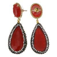 Rhinestone Earring, Rhinestone Clay Pave, with Dyed Jade, gold color plated, for woman, red, 56mm,20x37mm, Sold By Pair