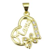 Cubic Zirconia Micro Pave Brass Pendant, Heart, gold color plated, micro pave cubic zirconia & hollow, 16x22x2.5mm, Sold By PC