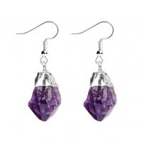 Natural Quartz Earrings, Amethyst, with Brass, irregular, silver color plated, for woman, purple, nickel, lead & cadmium free, 40-45mm, Sold By Pair
