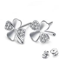 Rhinestone Earring, Cupronickel, Four Leaf Clover, platinum color plated, for woman & with rhinestone, 9mm, Sold By Pair