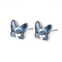 925 Sterling Silver Stud Earrings, with Austrian Crystal, Butterfly, plated, for woman, blue, 8.50x7.60mm, Sold By Pair