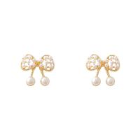 Tibetan Style Stud Earring, Bowknot, plated, fashion jewelry & for woman, gold, nickel, lead & cadmium free, 15x15mm, Sold By Pair