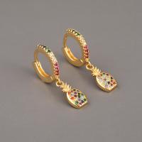 Huggie Hoop Drop Earring, Brass, Pineapple, gold color plated, micro pave cubic zirconia, 6x28mm, Sold By Pair
