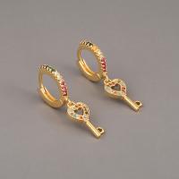 Huggie Hoop Drop Earring, Brass, Key, gold color plated, micro pave cubic zirconia, 8x31mm, Sold By Pair