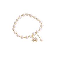 Freshwater Cultured Pearl Bracelet, real gold plated, with cubic zirconia, golden, 12mm, Sold By PC