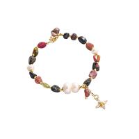 Gemstone Bracelets pearl with Natural Gravel real gold plated with cubic zirconia 31mm Length 18 cm Sold By PC
