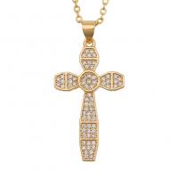 Cubic Zircon Micro Pave Brass Necklace, Cross, gold color plated, micro pave cubic zirconia & for woman, 17x35mm, Sold Per Approx 19.68 Inch Strand