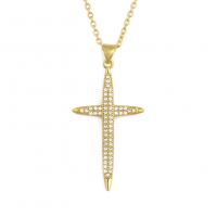 Cubic Zircon Micro Pave Brass Necklace, Cross, gold color plated, micro pave cubic zirconia & for woman, 21x42mm, Sold Per Approx 19.68 Inch Strand