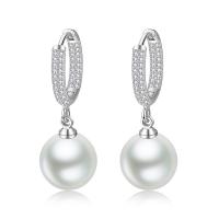 Huggie Hoop Drop Earring Cupronickel with Plastic Pearl plated micro pave cubic zirconia & for woman Sold By Pair