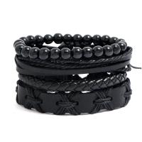 PU Leather Cord Bracelets, with Wax Cord, 4 pieces & Adjustable & fashion jewelry & handmade & Unisex, black, 17-18cmuff0c6cm, Sold By Set