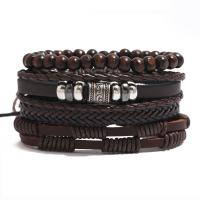 PU Leather Cord Bracelets, Tibetan Style, with PU Leather & Wax Cord, 4 pieces & Adjustable & fashion jewelry & handmade & Unisex, brown, nickel, lead & cadmium free, 17-18cmuff0c6cm, Sold By Set