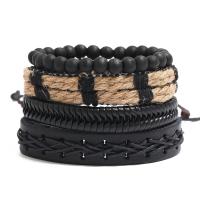 PU Leather Cord Bracelets, with Wax Cord, 4 pieces & Adjustable & fashion jewelry & handmade & Unisex, black, nickel, lead & cadmium free, 17-18cmuff0c6cm, Sold By Set