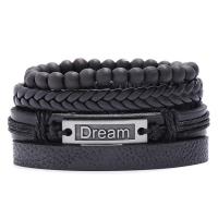 PU Leather Cord Bracelets, Tibetan Style, with Linen & PU Leather, 4 pieces & Adjustable & fashion jewelry & Unisex, black, nickel, lead & cadmium free, 17-18cmuff0c6cm, Sold By Set