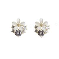 Cats Eye Earring Brass with Cats Eye & Resin Flower plated micro pave cubic zirconia & for woman Sold By Pair