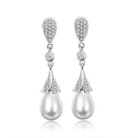 Cupronickel Drop Earring, with Plastic Pearl, platinum color plated, micro pave cubic zirconia & for woman, 10x45mm, Sold By Pair