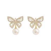 Boucles d'oreilles en alliage de zinc, avec perle, pour femme & avec strass, doré, 34x28mm, Trou:Environ 1.5mm, Vendu par paire