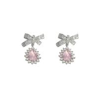 Tibetan Style Drop Earrings, for woman & with cubic zirconia & with rhinestone, pink, 39x28mm, Sold By Pair