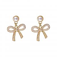 Tibetan Style Drop Earrings, with Plastic Pearl, Bowknot, gold color plated, for woman, 20x28mm, Sold By Pair