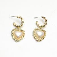 Zinklegierung Ohrringe, mit Kunststoff Perlen, Herz, plattiert, Modeschmuck & für Frau, Goldfarbe, frei von Nickel, Blei & Kadmium, 40x20mm, verkauft von Paar