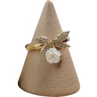 Brass Open Finger Ring with White Shell Flower 18K gold plated Adjustable & micro pave cubic zirconia & for woman Sold By PC