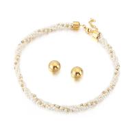 Titanium Steel Jewelry Set, Stud fülbevaló & nyaklánc, -val Édesvízi gyöngy, arany színű aranyozott, a nő, fehér, 18mm, Hossz Kb 18.11 inch, Által értékesített Set