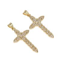 Cubic Zirconia Micro Pave Brass Pendant, Cross, micro pave cubic zirconia, golden, 32x18x3mm, Hole:Approx 4mm, Sold By PC
