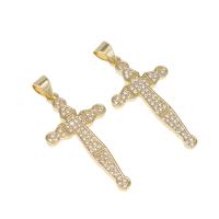 Cubic Zirconia Micro Pave Brass Pendant, Cross, micro pave cubic zirconia, golden, 32x17x2mm, Hole:Approx 4mm, Sold By PC