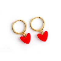 Huggie Hoop Drop Earring, 925 Sterling Silver, with Plastic, Heart, gold color plated, for woman, red, 11.50x20.50mm, Inner Diameter:Approx 9.2mm, Sold By Pair