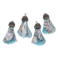 Pendentif en agate de quartz glacé, laiton, avec Gravier naturel & agate quartz de glace, avec strass, bleu, 52x29x14mm, Vendu par PC