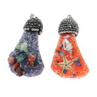 Ice Quartz Agate Pendant, Brass, with Natural Gravel & Ice Quartz Agate & Shell, with rhinestone, more colors for choice, 62x43x12mm, Sold By PC