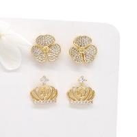 Brass Earring Stud Component gold color plated & micro pave cubic zirconia & for woman Sold By Pair
