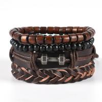 cuir PU bracelet, avec corde de cire & bois & alliage de zinc, 4 pièces & Réglable & pour homme, brun, Longueur:Environ 17-18 cm, Vendu par PC