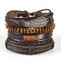 PU Leather Bracelet, with Wax Cord & Wood & Tibetan Style, 4 pieces & Adjustable & for man, brown, Length:Approx 17-18 cm, Sold By PC