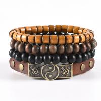 PU Leather Bracelet, with Wood & Tibetan Style, 4 pieces & Adjustable & for man, mixed colors, Length:Approx 17-18 cm, Sold By PC