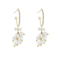 Brass Drop Earring with pearl plated for woman & with cubic zirconia golden Sold By Pair